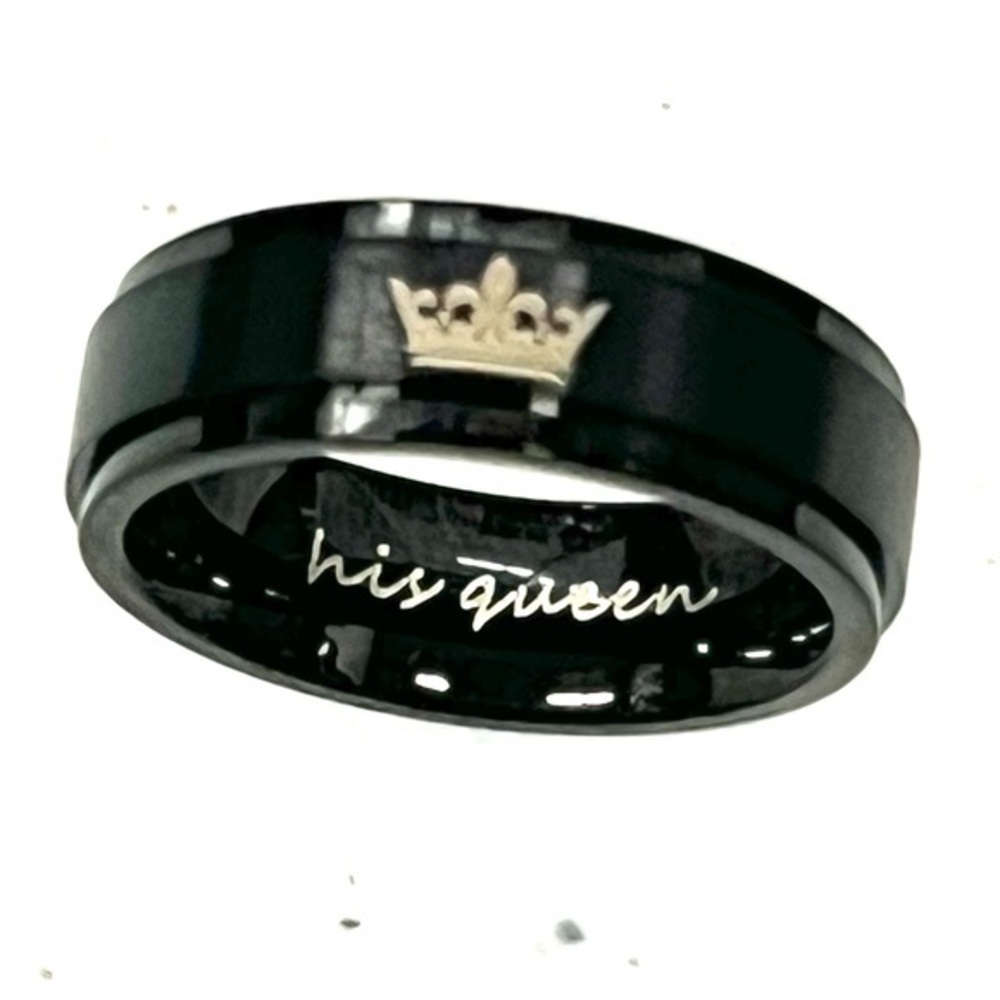Victoria Leland Designs Black Ring with Crown and 'His Queen' Engraving